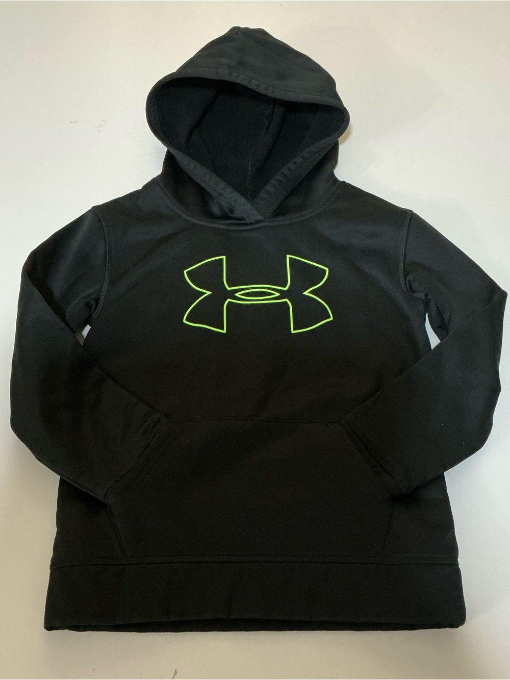 Under Armour Black Hoodie with Neon Green Logo - Kids size 7